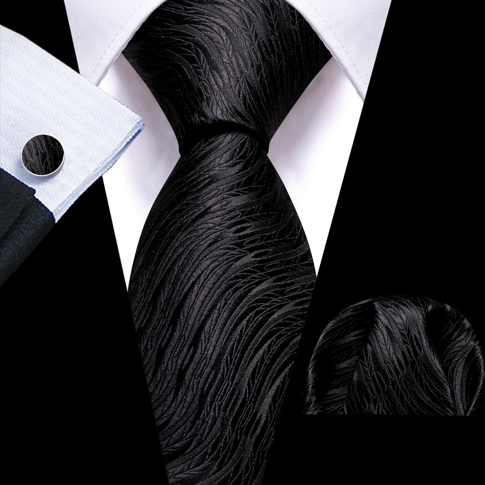  Black tie Geometric Necktie and Cufflinks Wedding Set