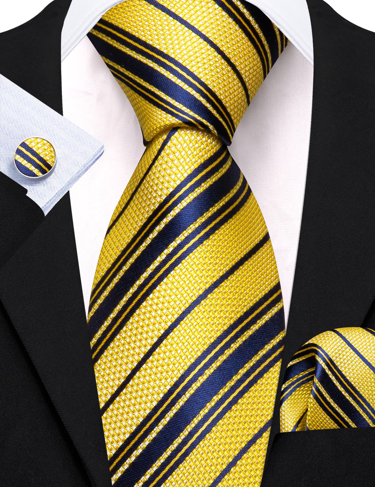  Yellow Navy Blue Striped Men's Tie Handkerchief Pocket Set
