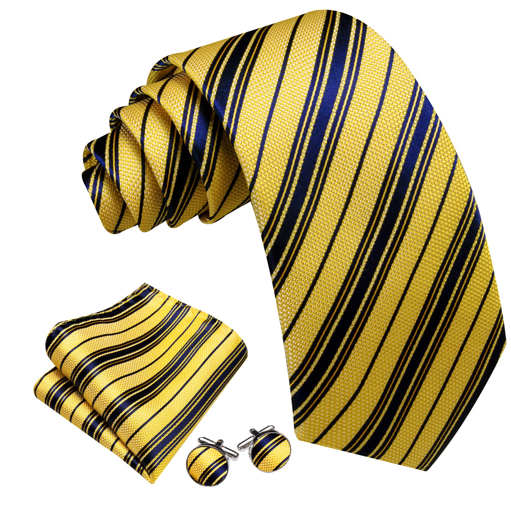  Yellow Navy Blue Striped Men's Tie Handkerchief Pocket Set