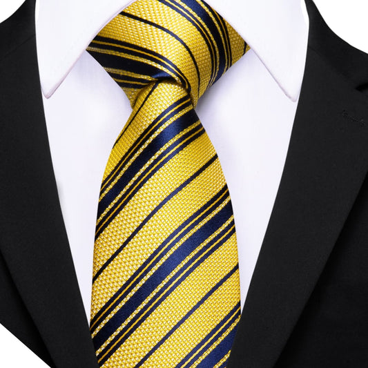  Yellow Navy Blue Striped Men's Tie Handkerchief Pocket Set