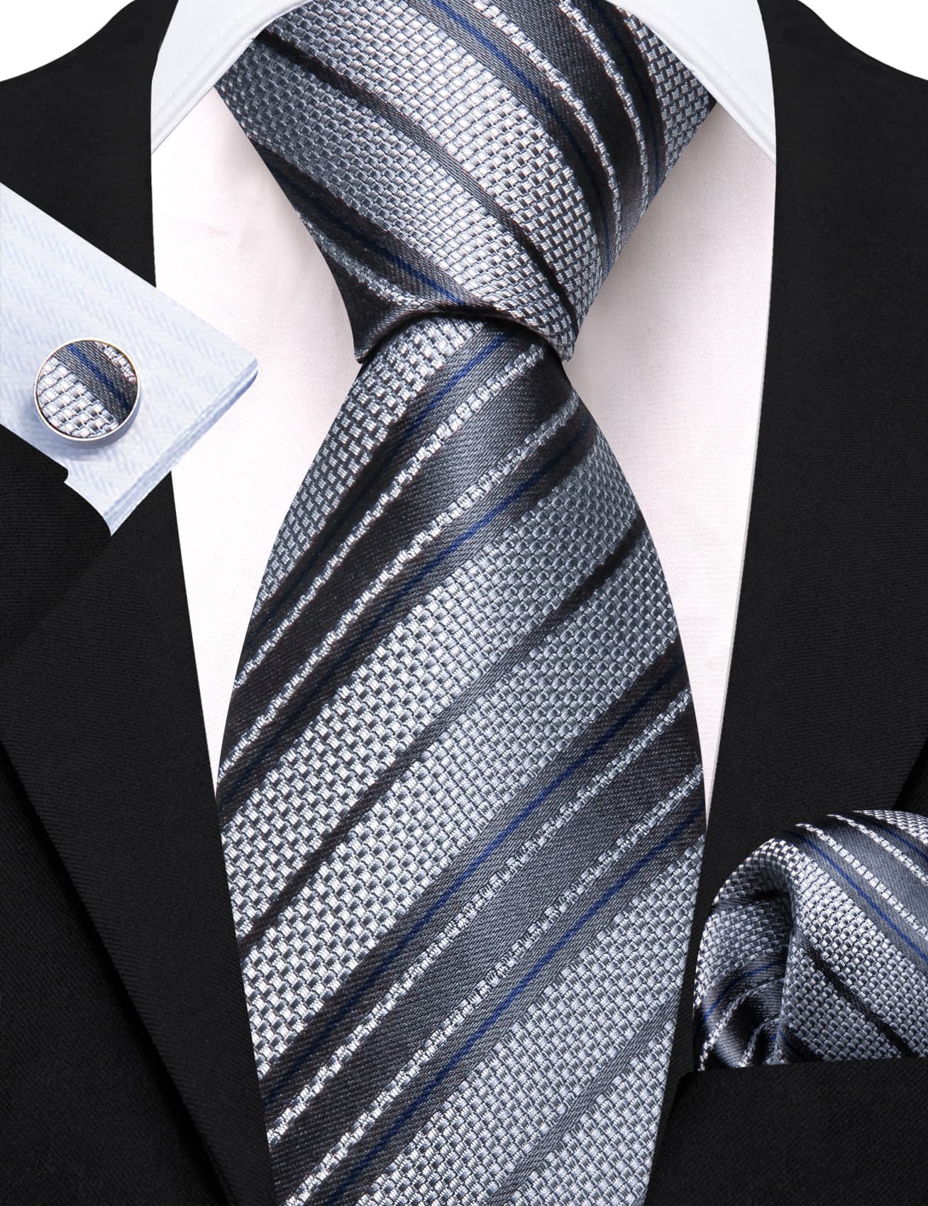 Dark Grey Navy Blue Stripes Men Tie Handkerchief Pocket Set