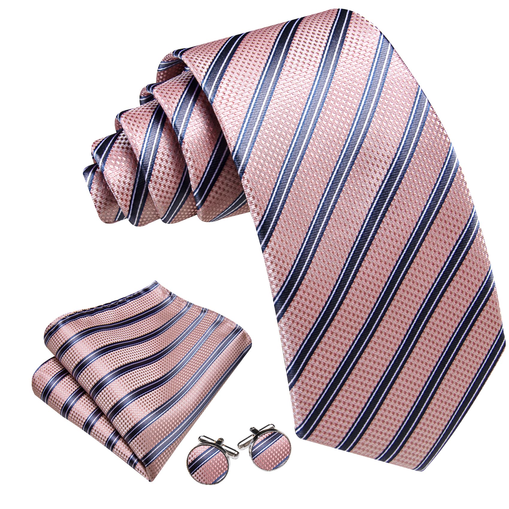 Pink Light Grey Stripes Men Tie Handkerchief Pocket Set