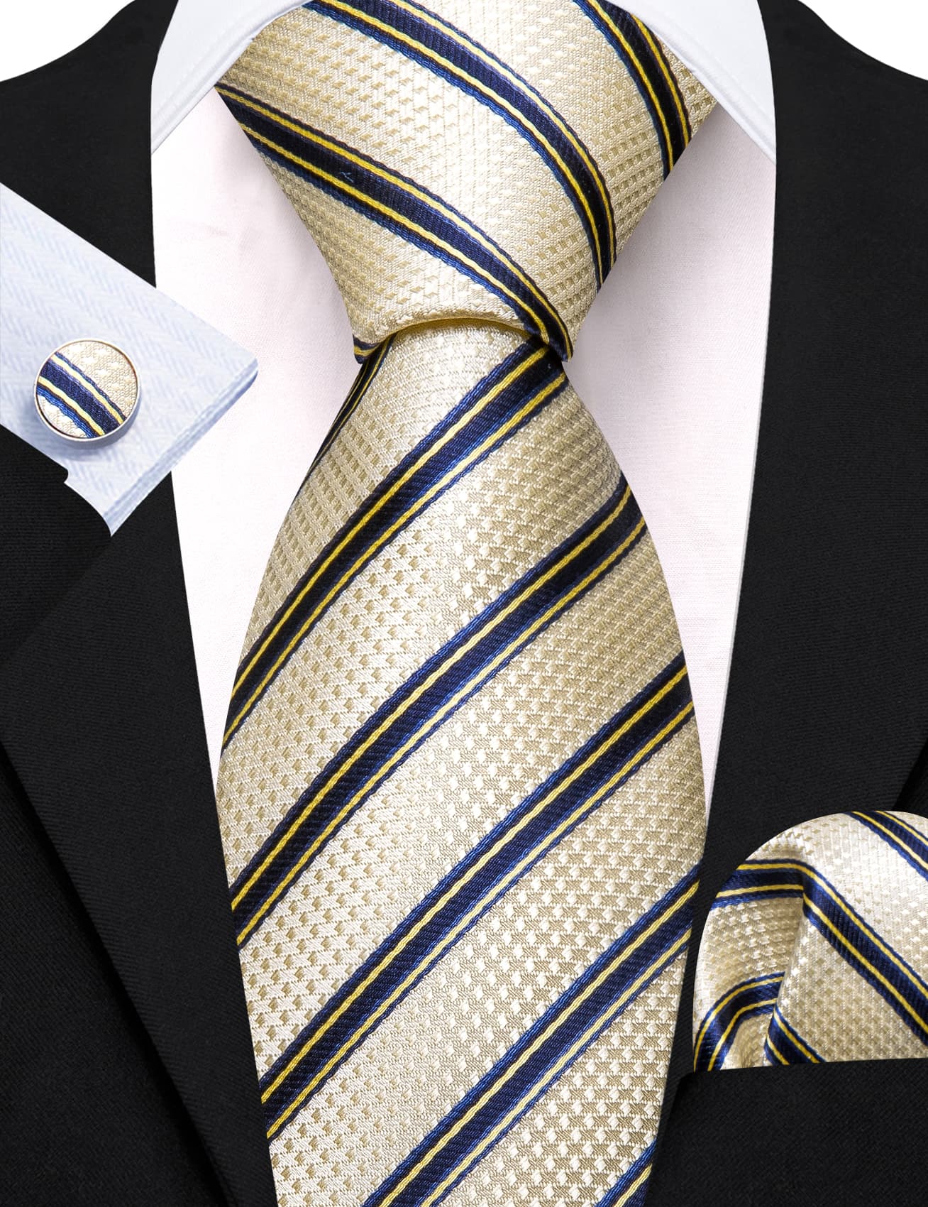 Beige Dark Blue Stripes Men Tie Handkerchief Pocket Set