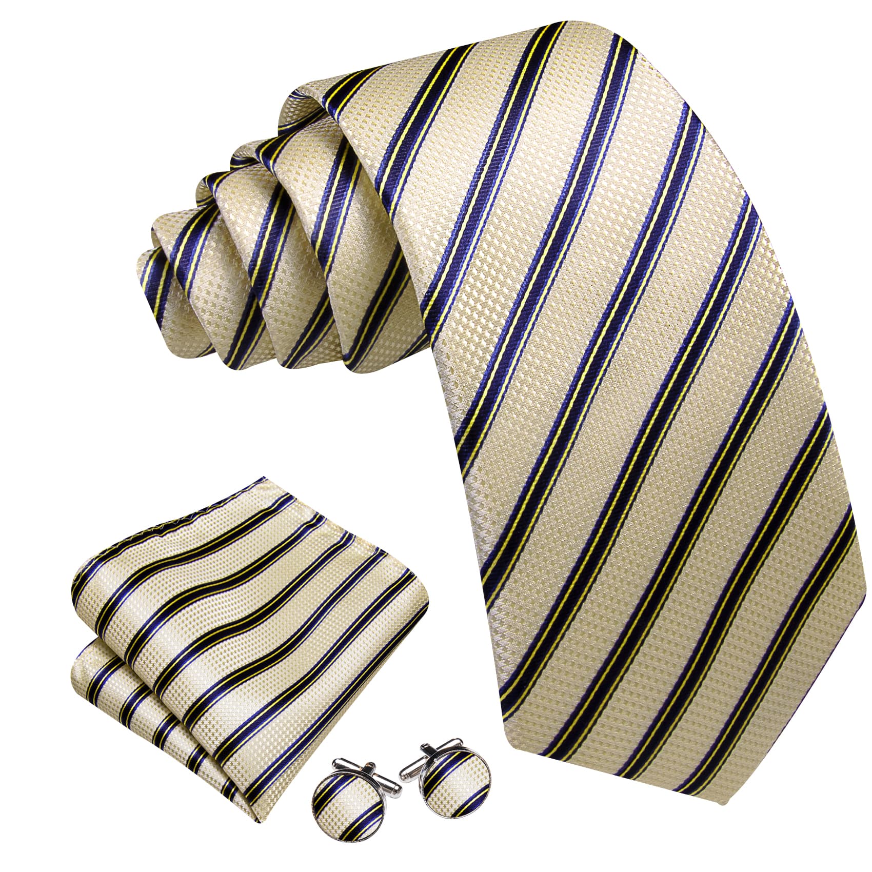 Beige Dark Blue Stripes Men Tie Handkerchief Pocket Set