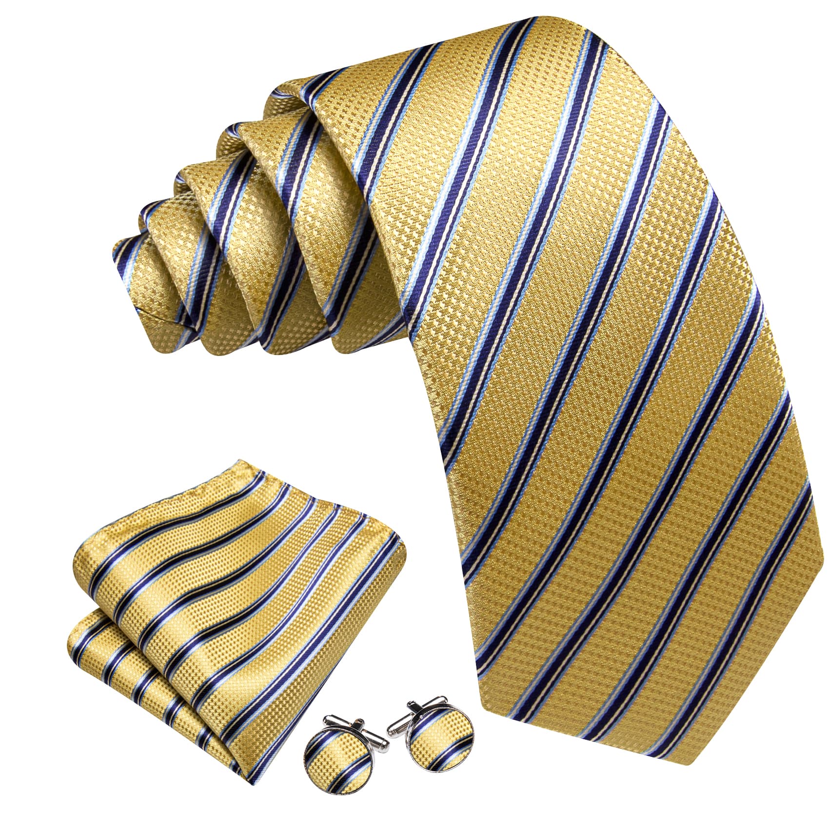 Khaki Dark Blue Stripes Men Tie Handkerchief Pocket Set