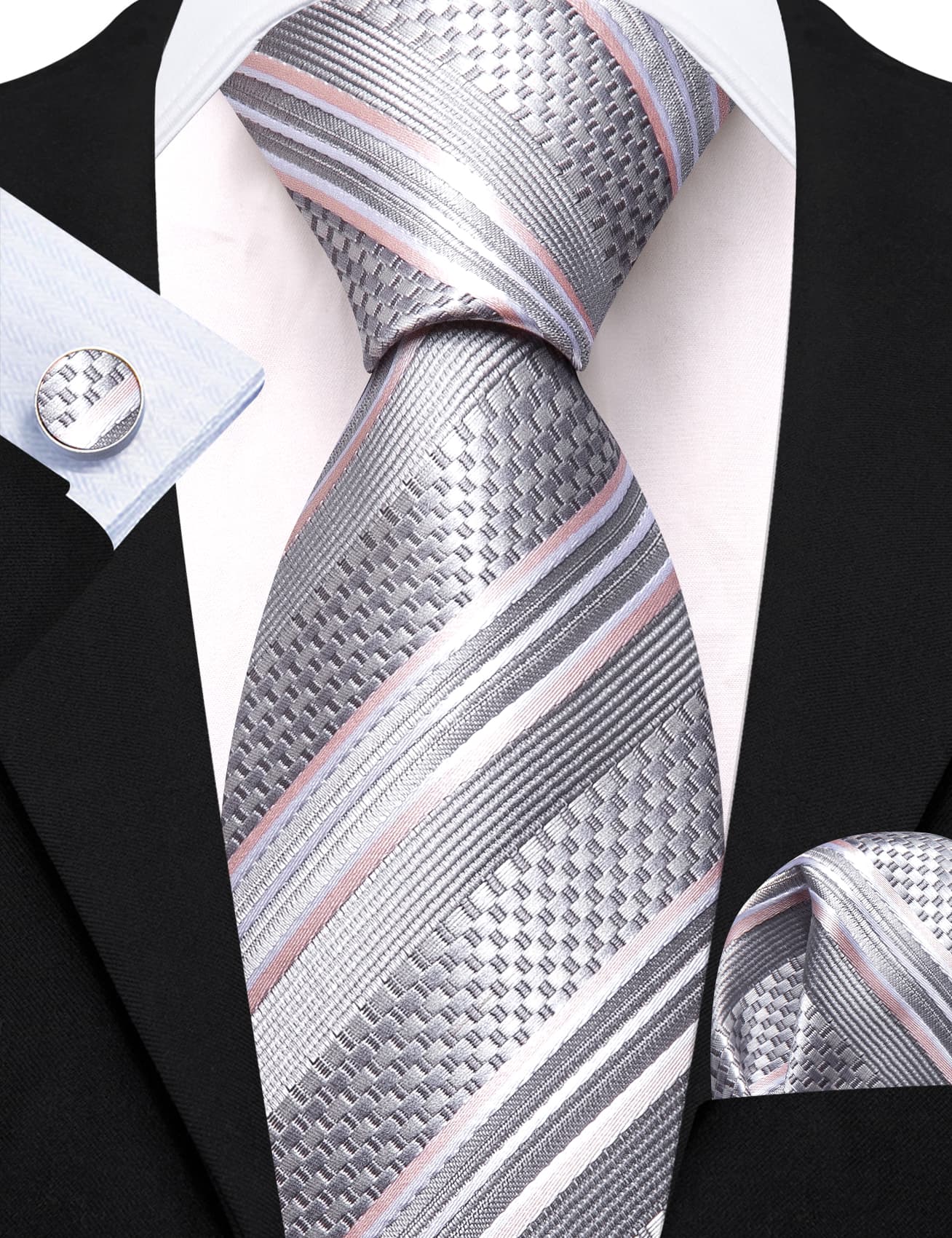 Silver Grey Striped Men Tie Handkerchief Pocket Set