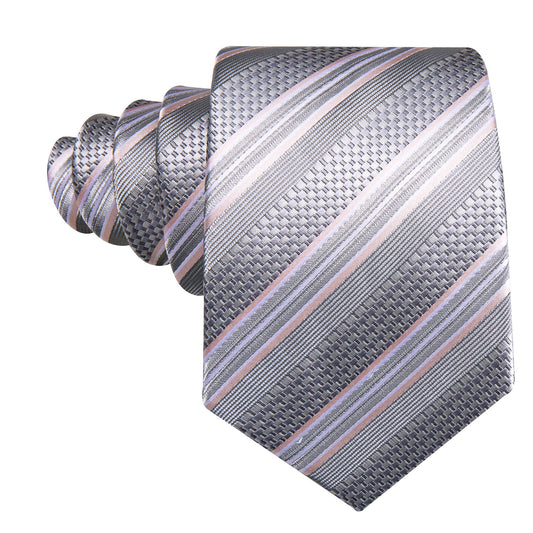Silver Grey Striped Men Tie Handkerchief Pocket Set