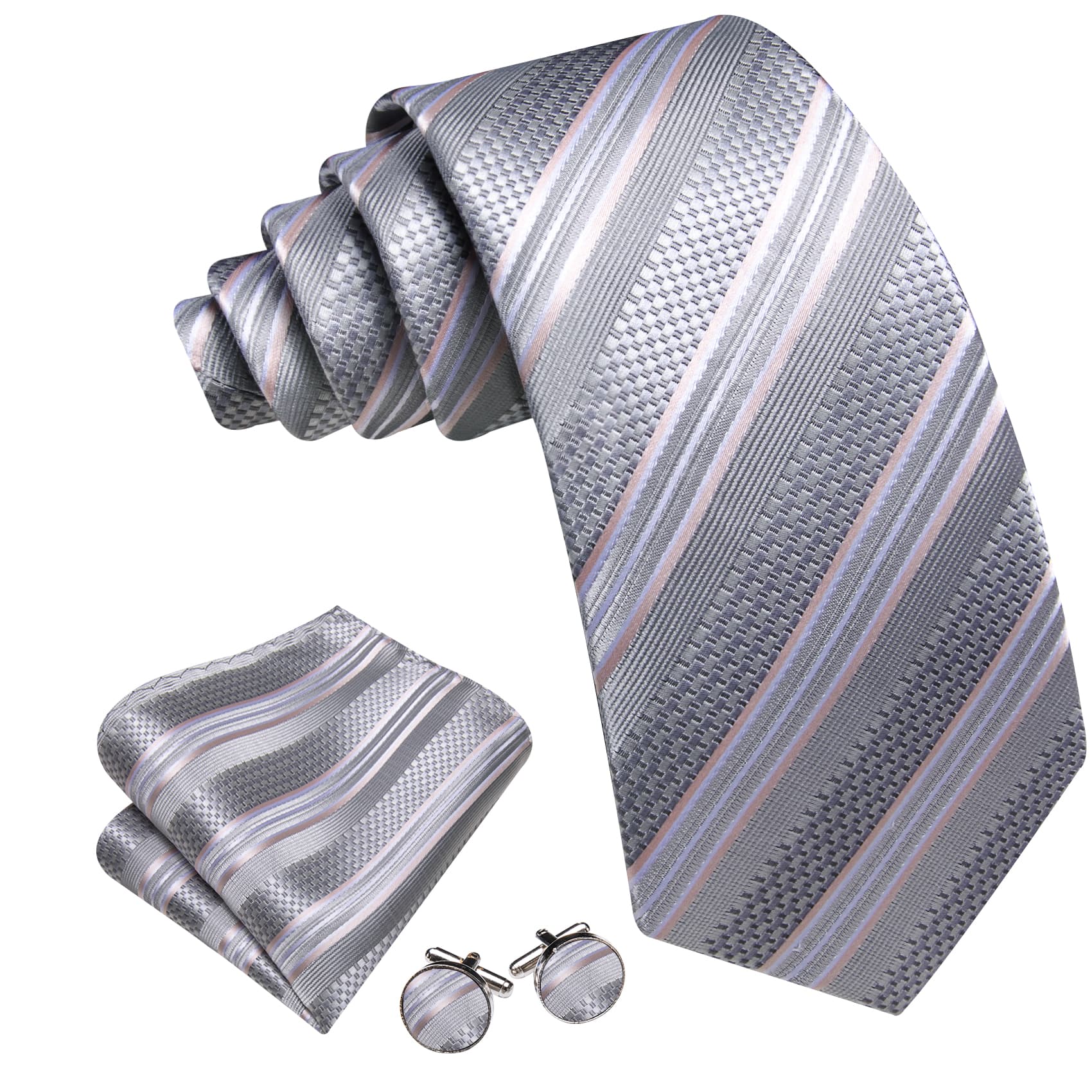 Silver Grey Striped Men Tie Handkerchief Pocket Set