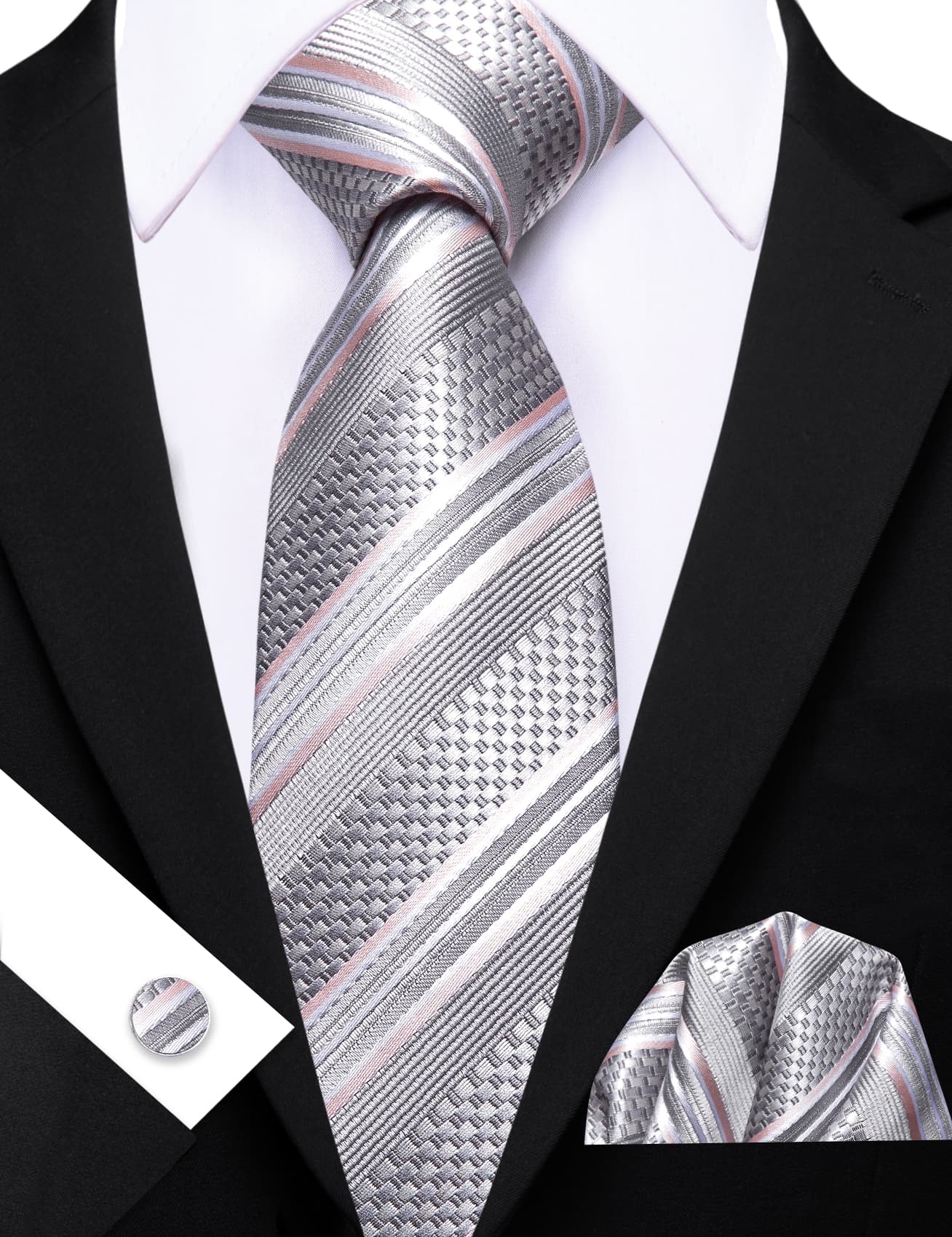 Silver Grey Striped Men Tie Handkerchief Pocket Set