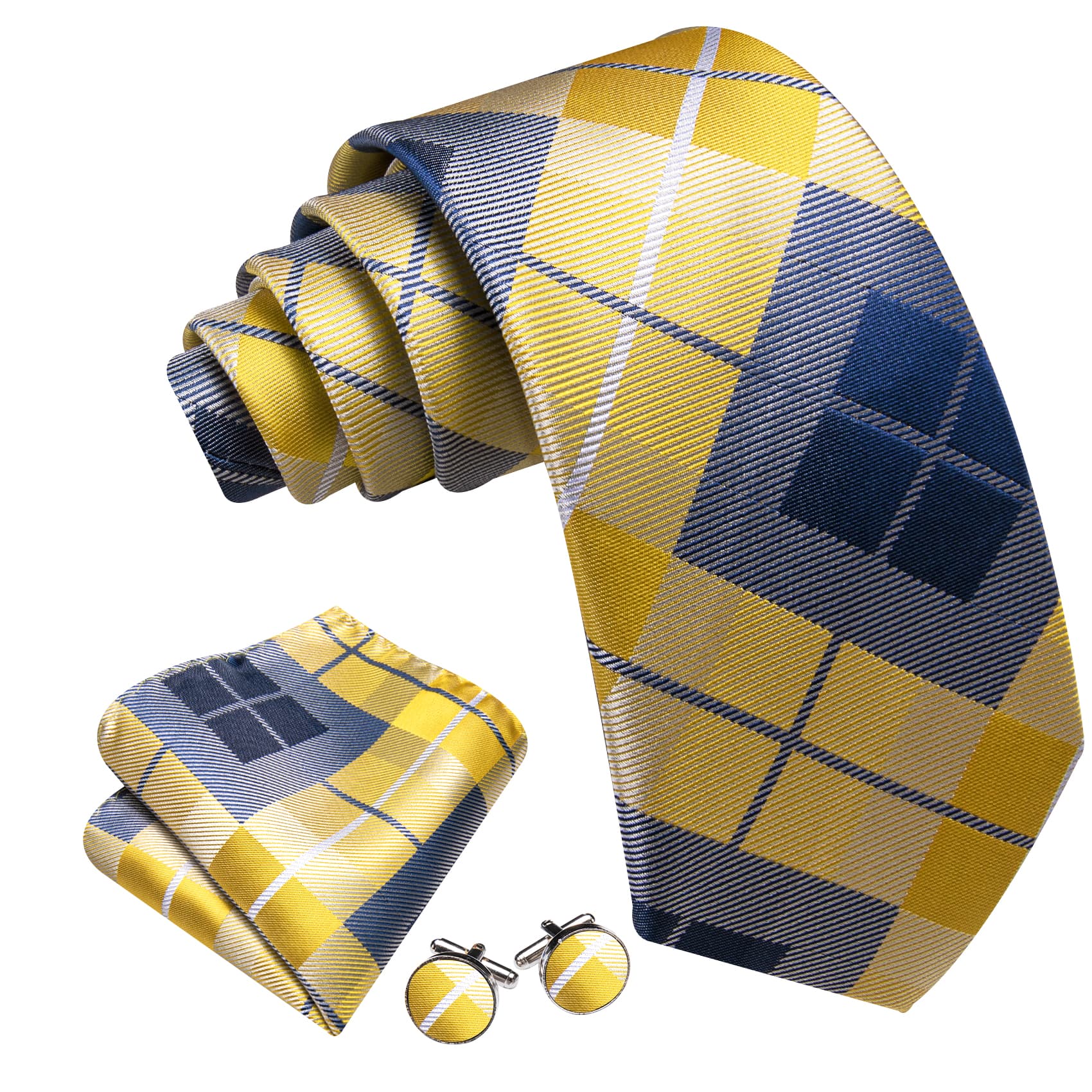 Yellow Blue Grey Checkered Men's Plaid Tie Set for Party