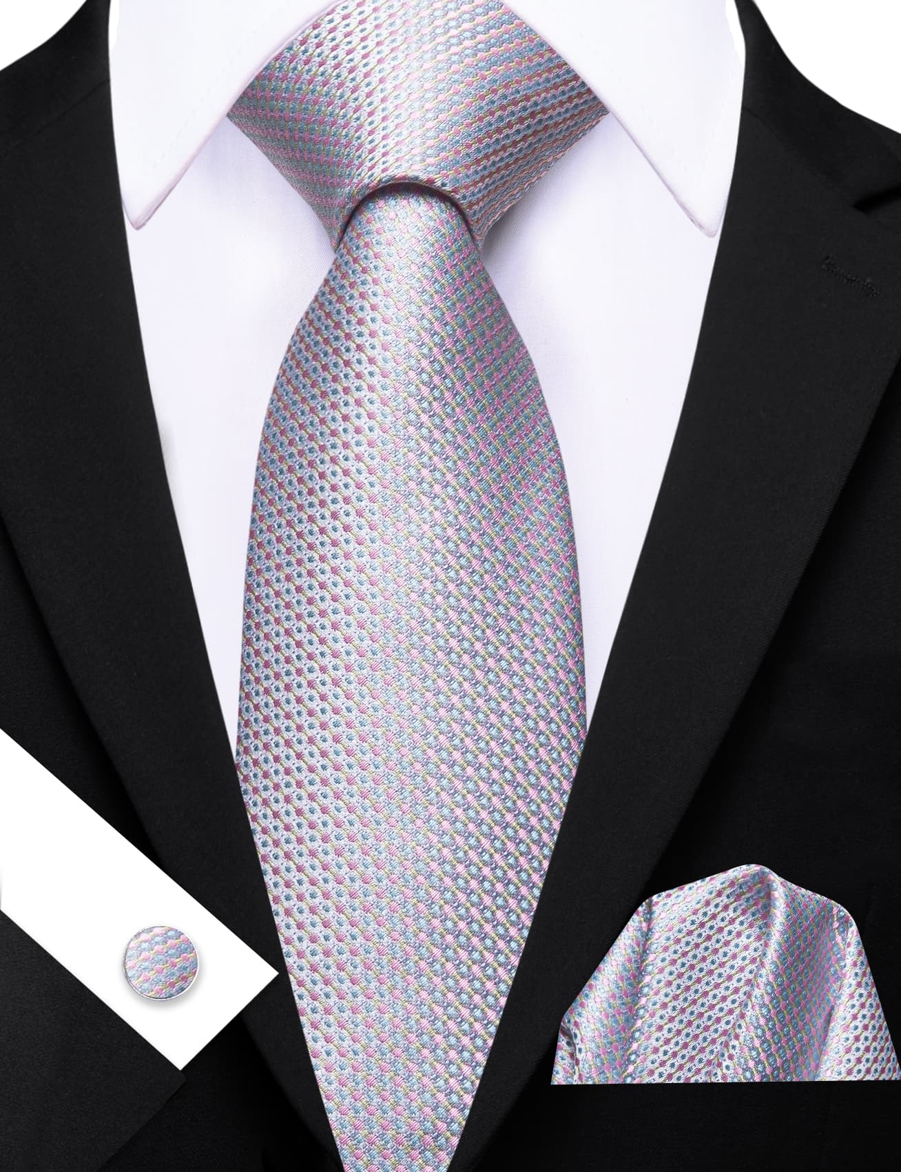 Sky Blue Pink Polka Dots Necktie Men's Tie Set for Wedding