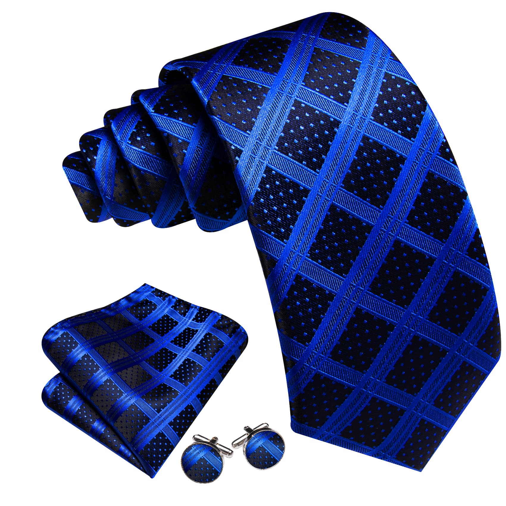 Black Blue Plaid Tie Royal Blue Dots Necktie Men's Tie Set