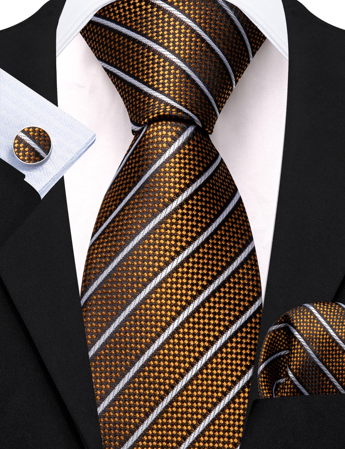 Gold Dots Tie Black White Lines Necktie Men's Tie Set
