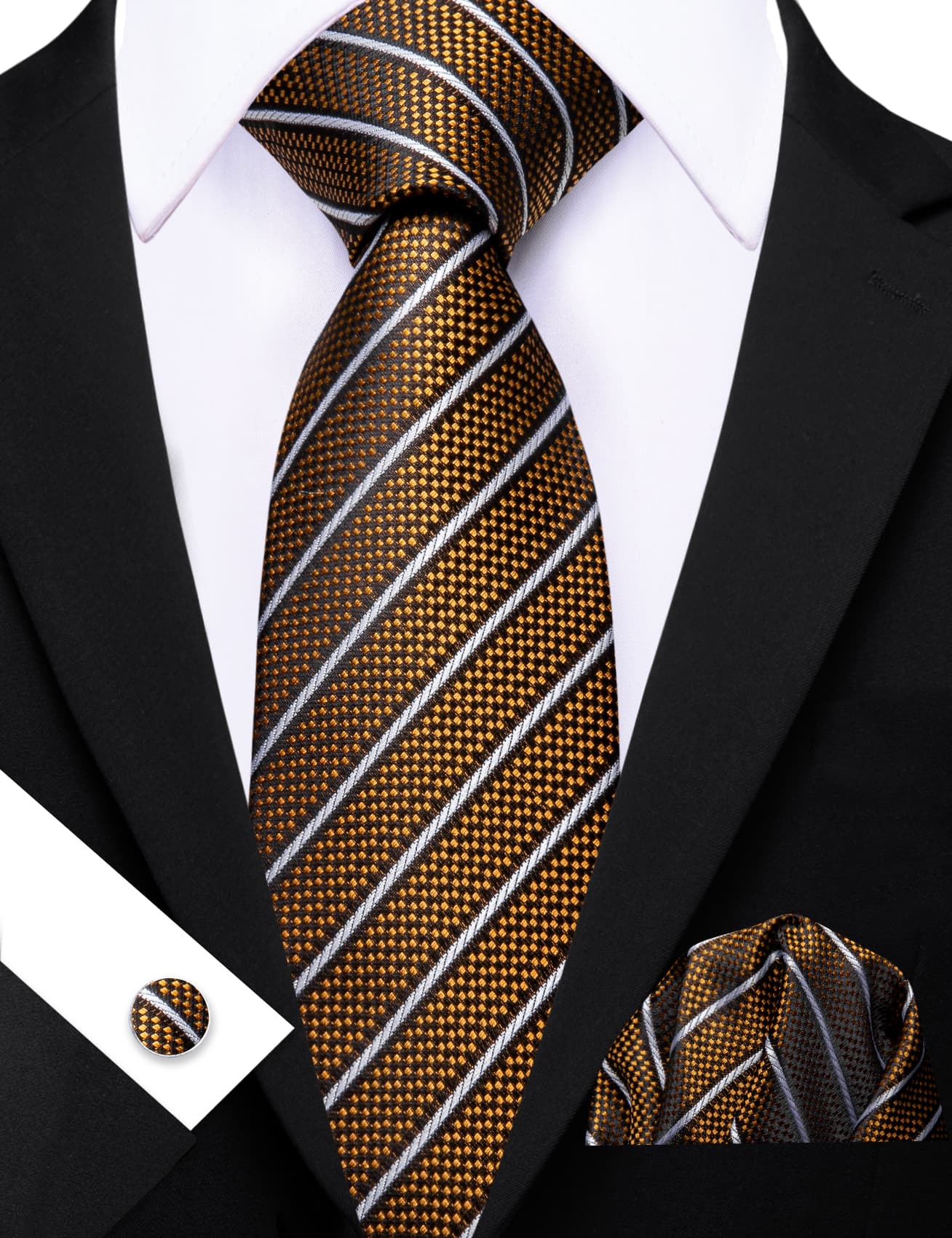 Gold Dots Tie Black White Lines Necktie Men's Tie Set