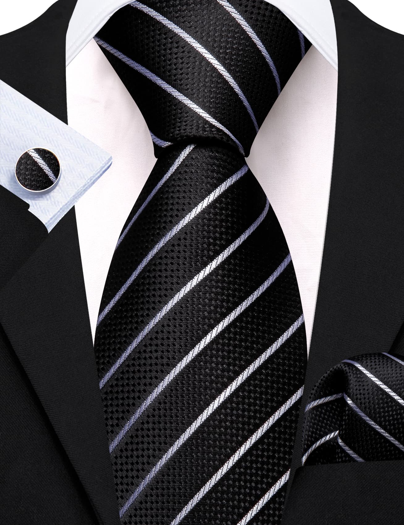  Black Tie White Lines Striped Necktie Men's Tie Set