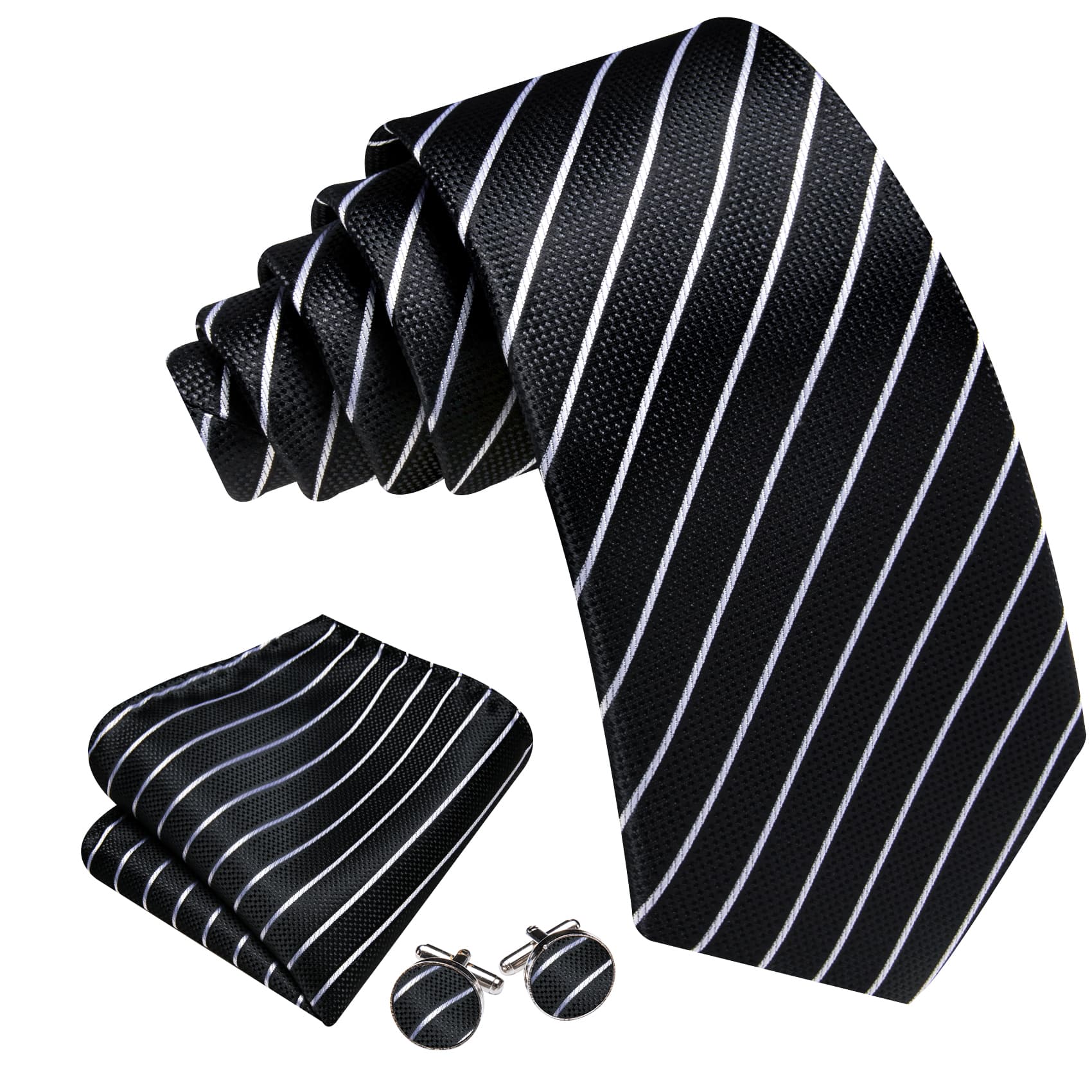  Black Tie White Lines Striped Necktie Men's Tie Set