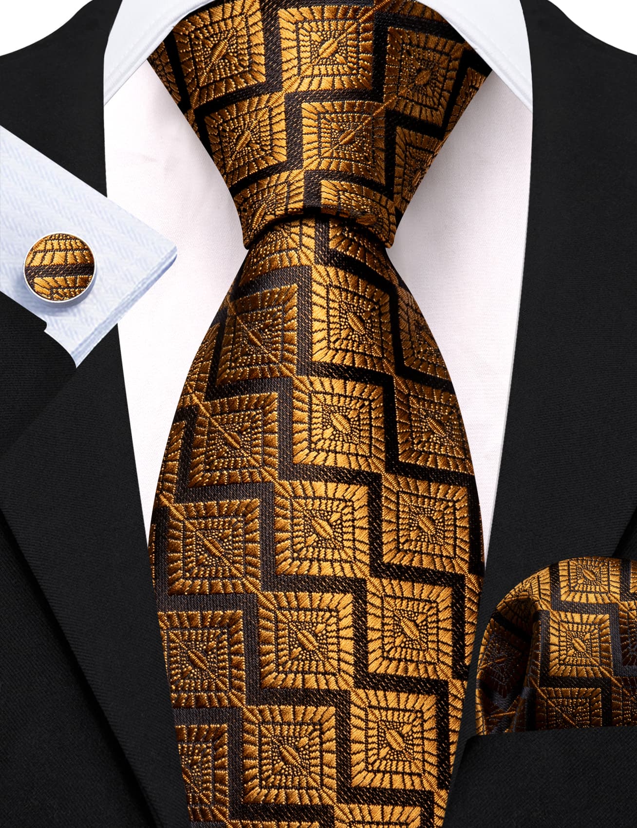 Black Tie Gold Jacquard Novelty Necktie Men's Tie Set