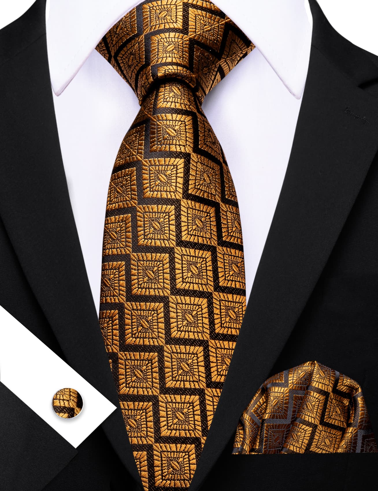 Black Tie Gold Jacquard Novelty Necktie Men's Tie Set