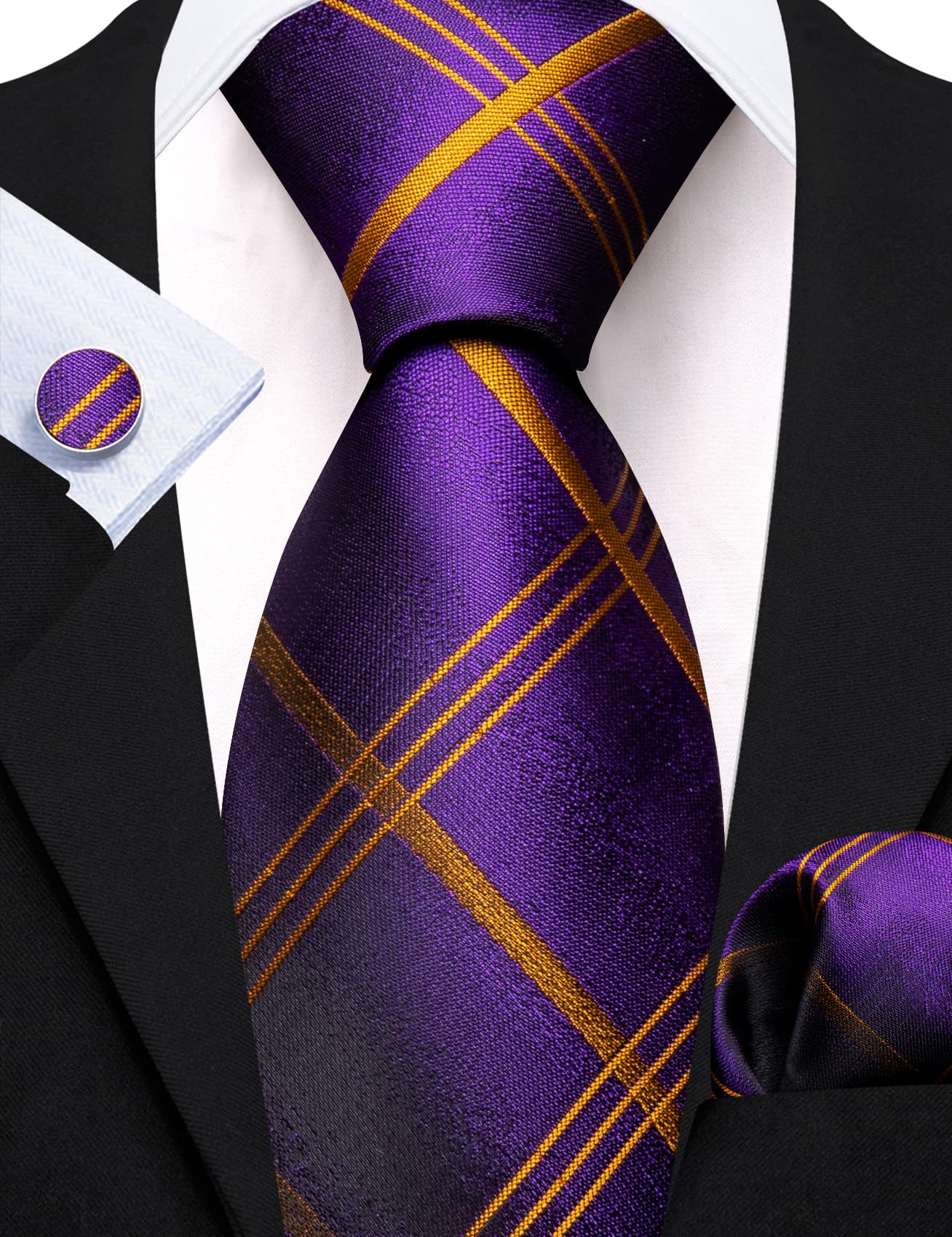 Purple Tie Gold Enrod Plaid Necktie Men's Tie Set