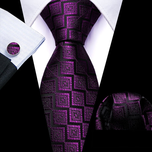 Men's Black Suit with Purple Novelty tie hanky cufflinks set