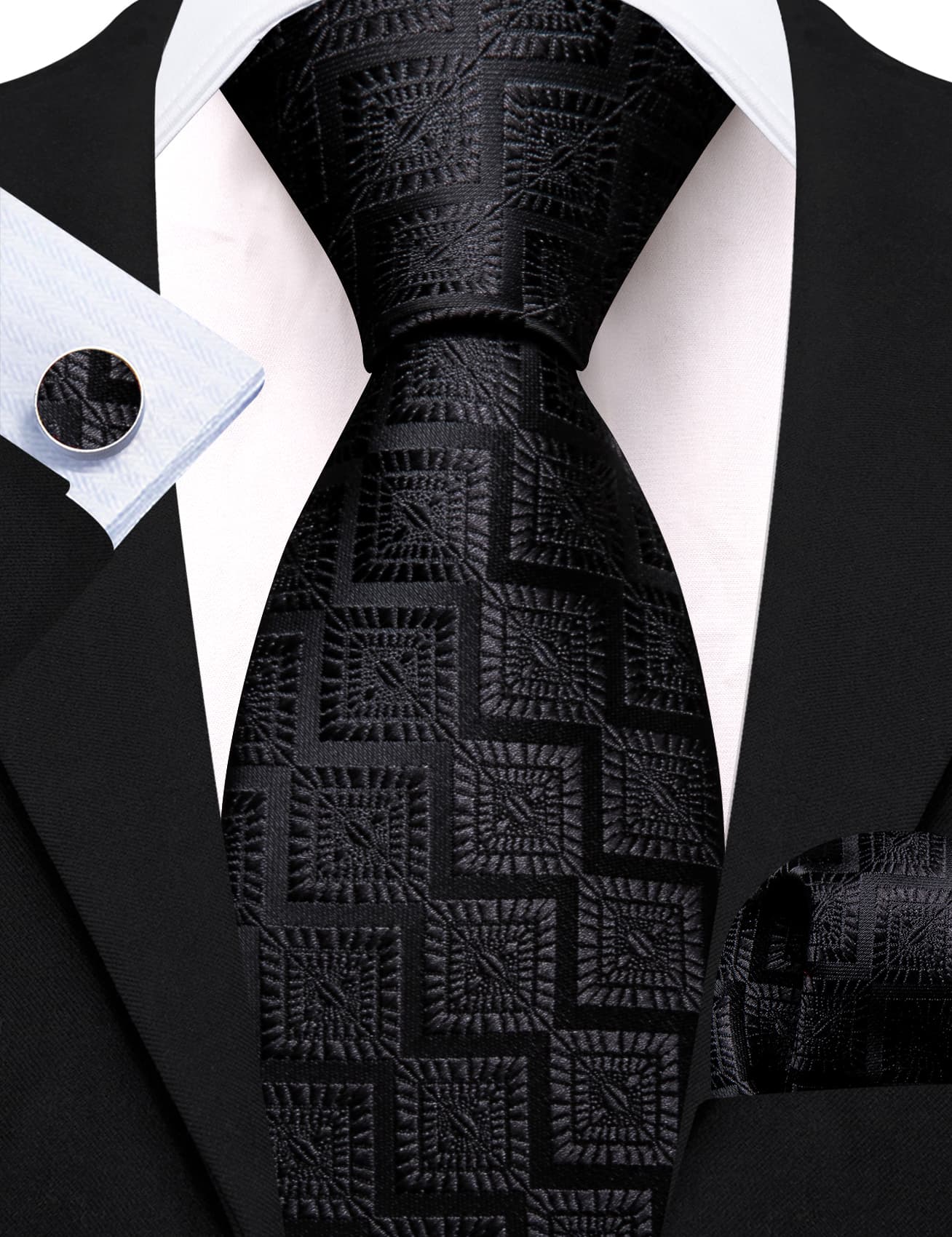 Barry Wang Black Tie Jacquard Geometric Pattern Men's Necktie Set