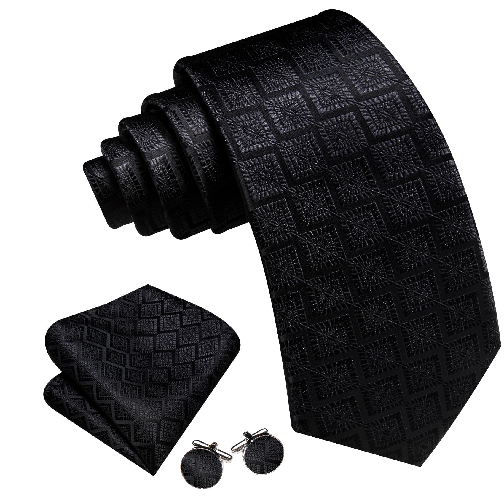 Barry Wang Black Tie Jacquard Geometric Pattern Men's Necktie Set