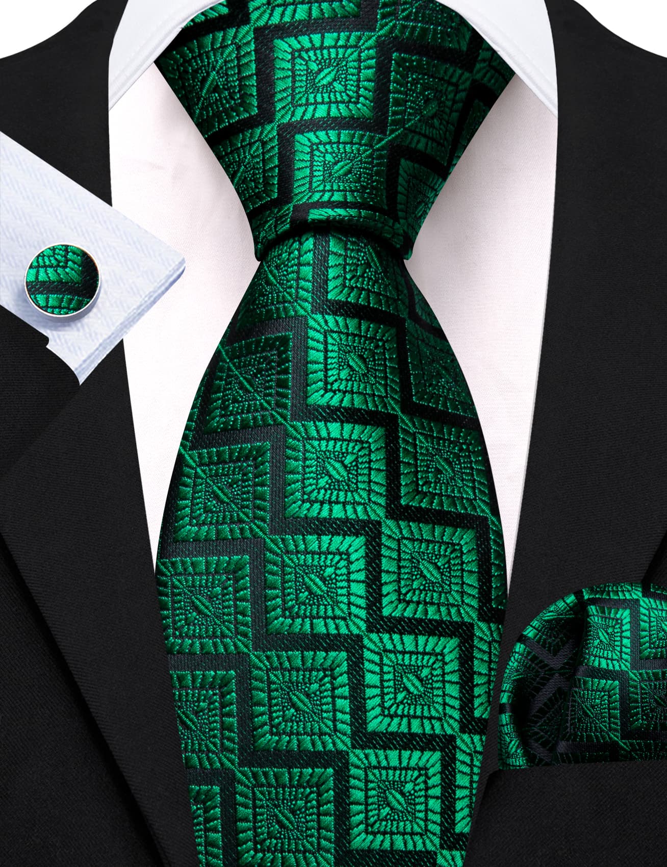 Barry. Wang Emerald Green Tie Jacquard Geometric Men's Necktie Set