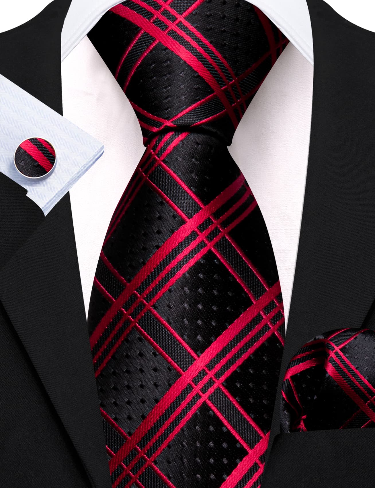  Black Tie Red Pinstripes Jacquard Men's Striped Necktie Set