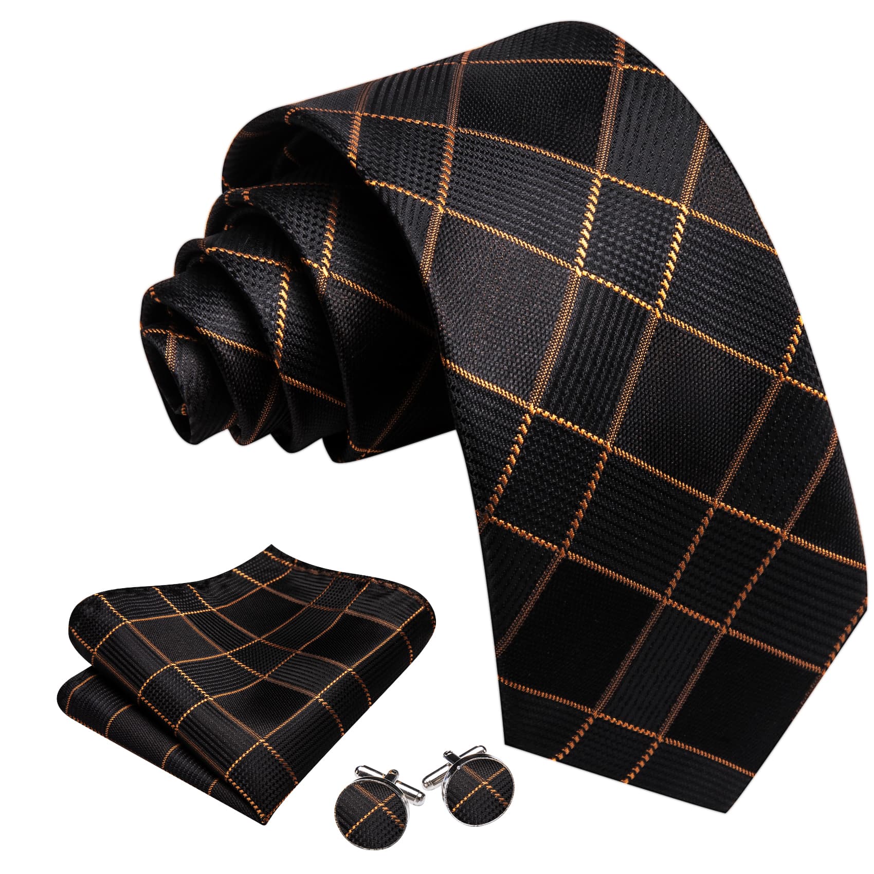  Black Plaid Tie with Golden Stripes Men's Business Set