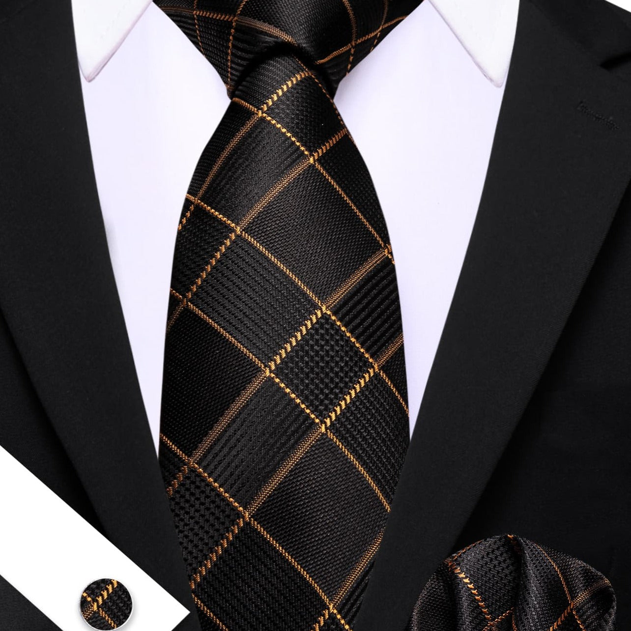  Black Plaid Tie with Golden Stripes Men's Business Set