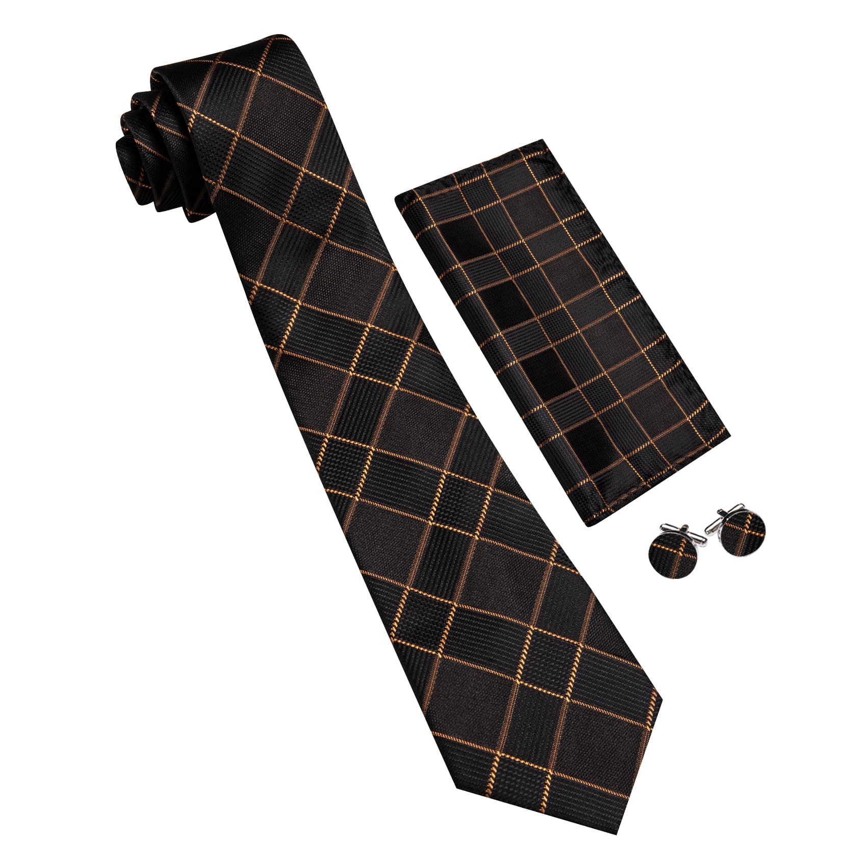  Black Plaid Tie with Golden Stripes Men's Business Set