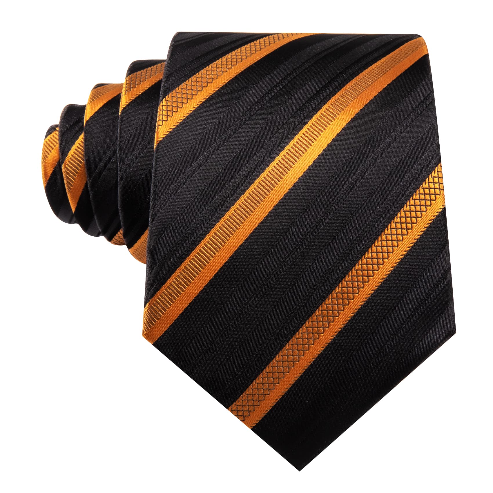 Mens Striped Tie Black Necktie Set with Gold Stripes