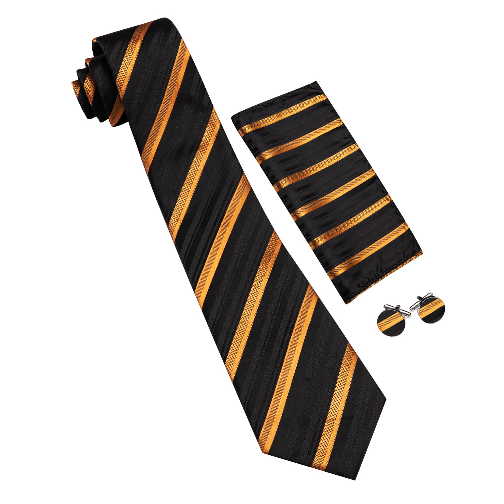 Mens Striped Tie Black Necktie Set with Gold Stripes