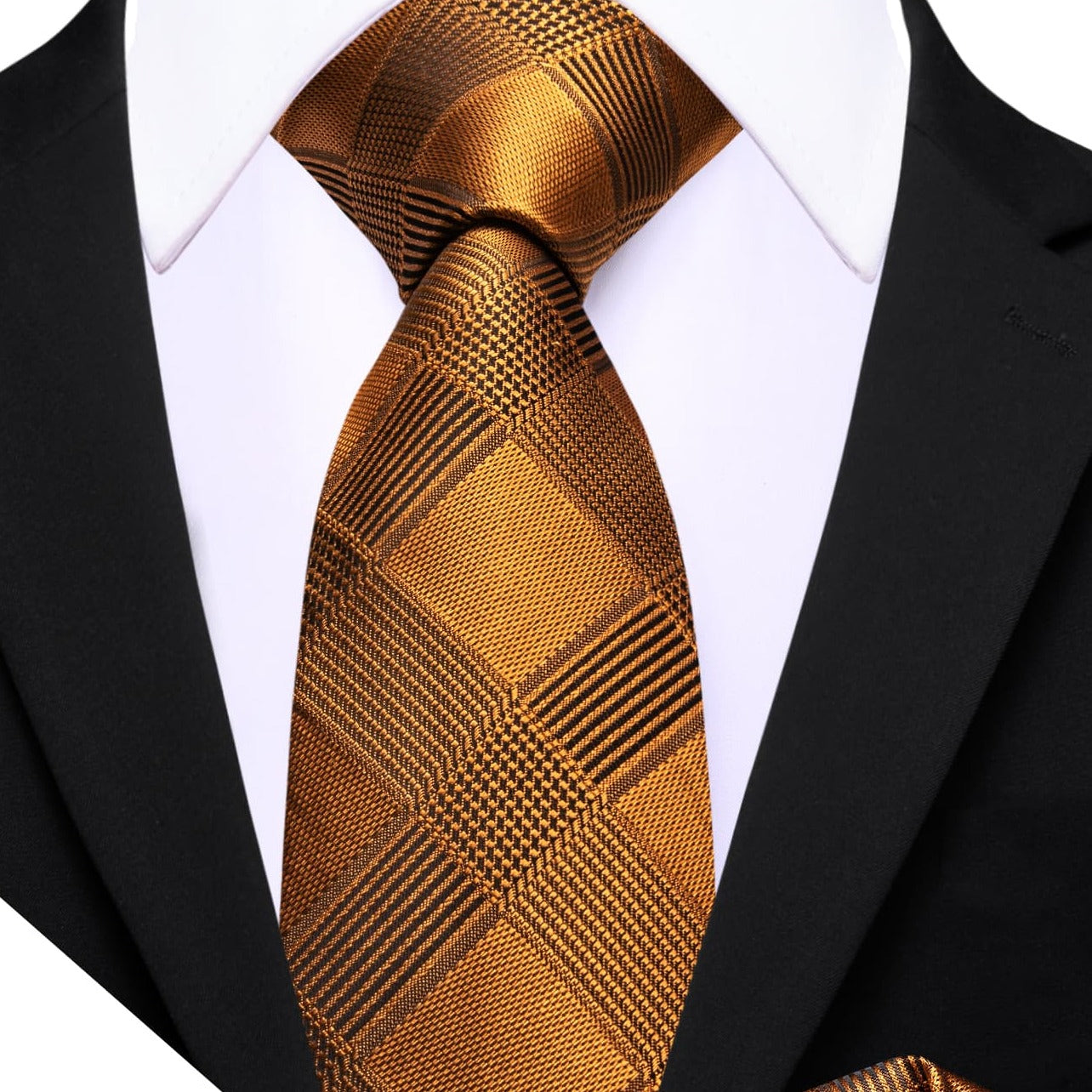 Plaid Tie Gold Black Checkered Necktie and Cufflink Set