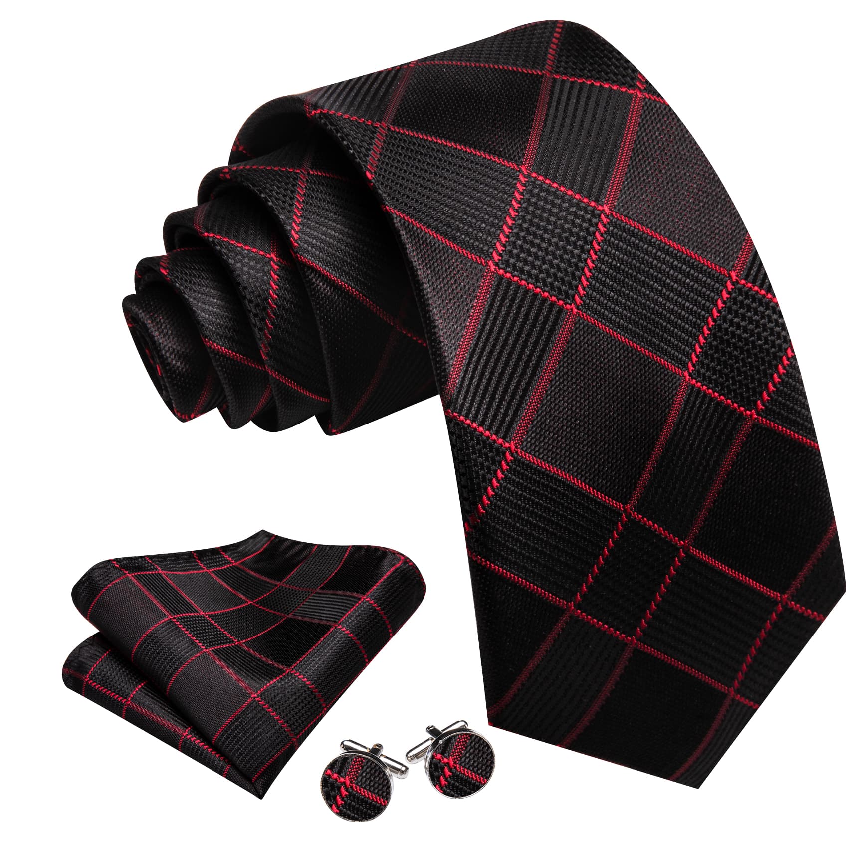  Black Plaid Tie with Red Stripes Men's Business Set