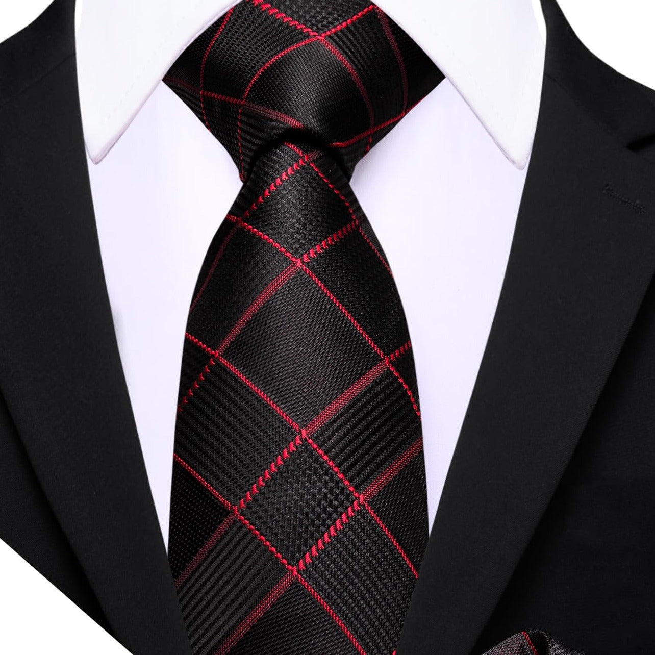  Black Plaid Tie with Red Stripes Men's Business Set