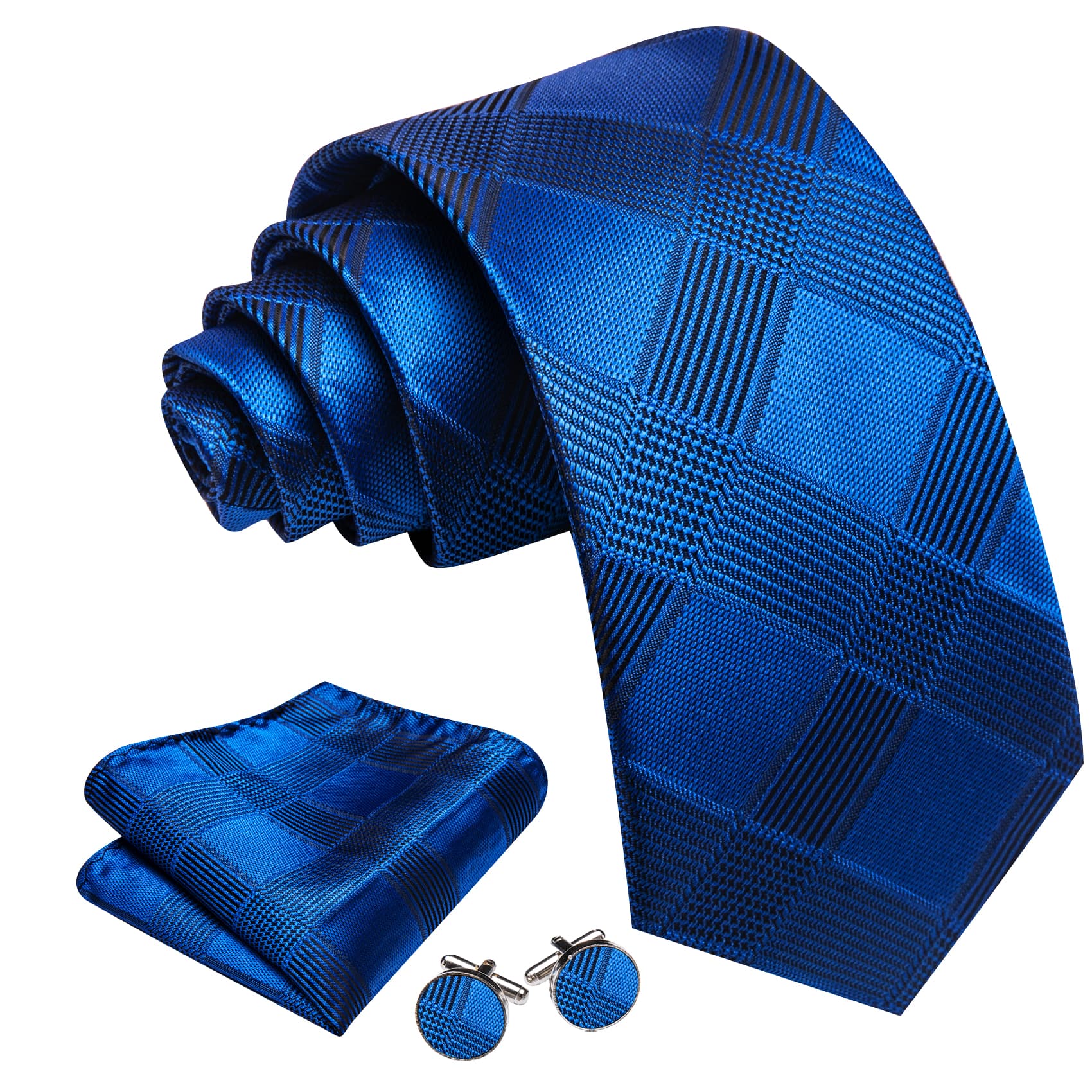  Blue Plaid Tie Men's Business Necktie Hanky Cufflinks Set