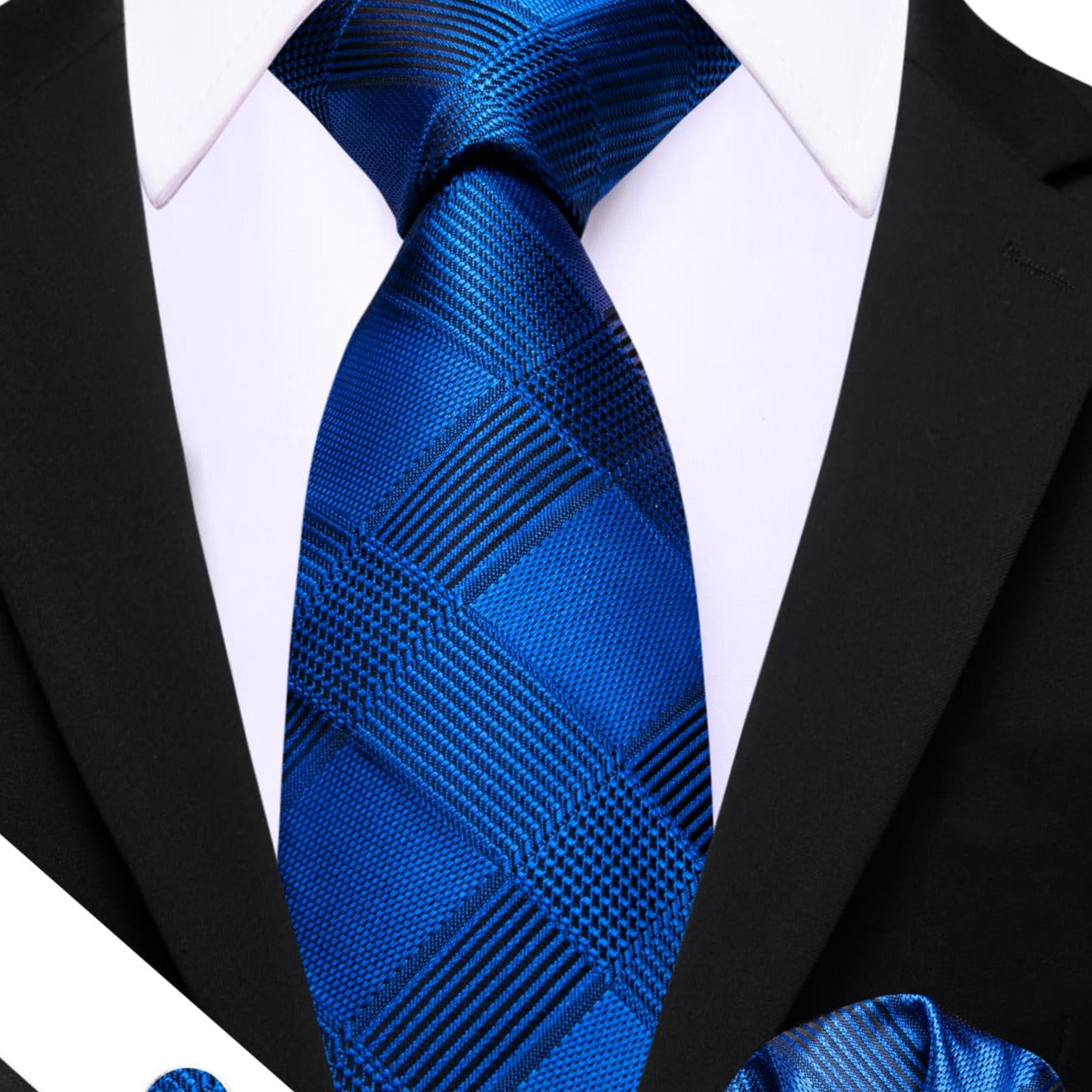  Blue Plaid Tie Men's Business Necktie Hanky Cufflinks Set