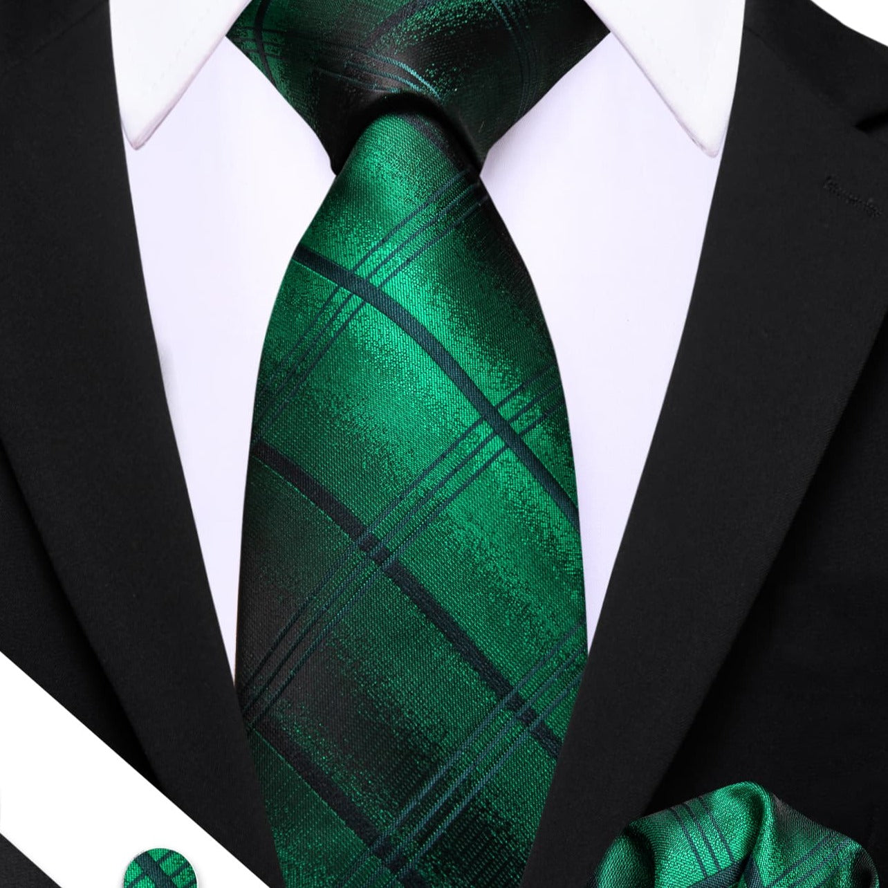 Emerald Green Plaid Men's Business Tie Hanky Cufflinks Set