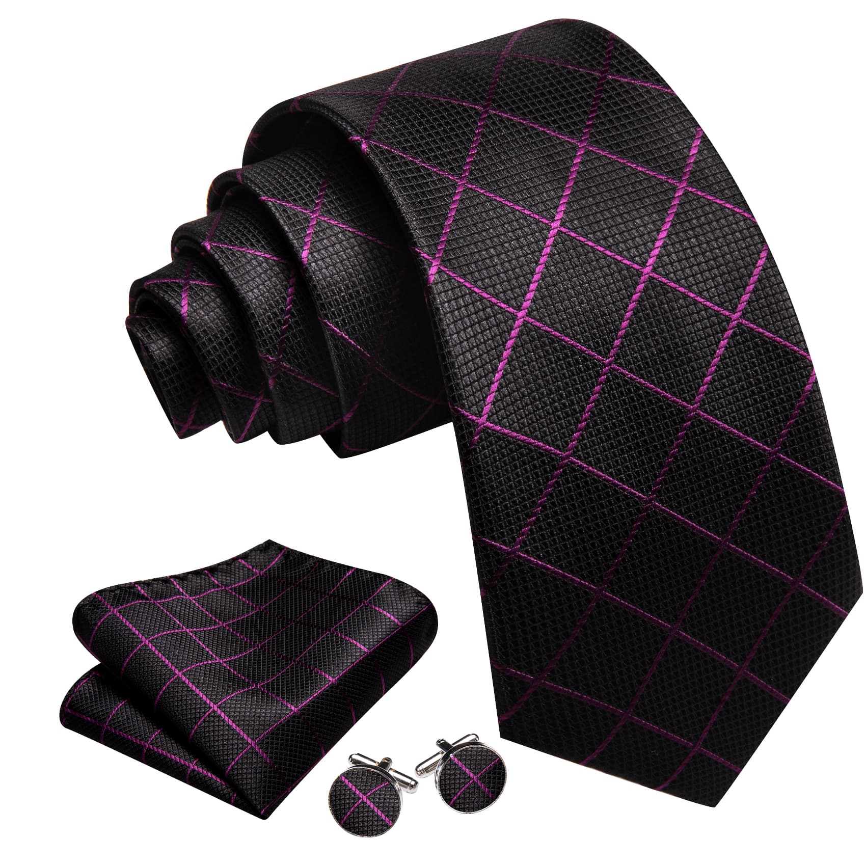  Black Plaid Tie with Purple Stripes Men's Business Set
