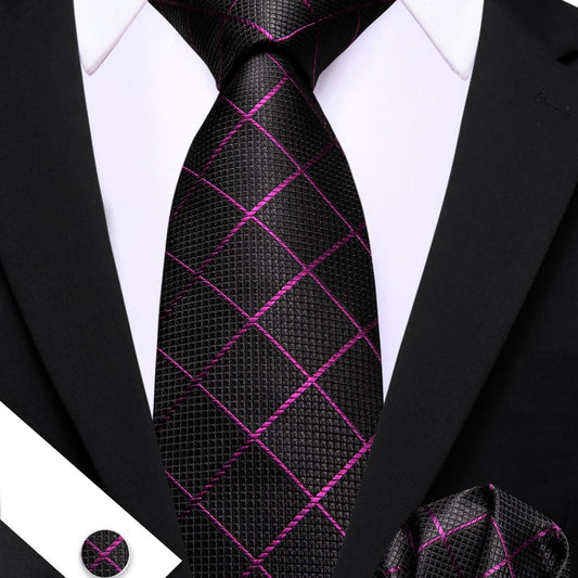  Black Plaid Tie with Purple Stripes Men's Business Set