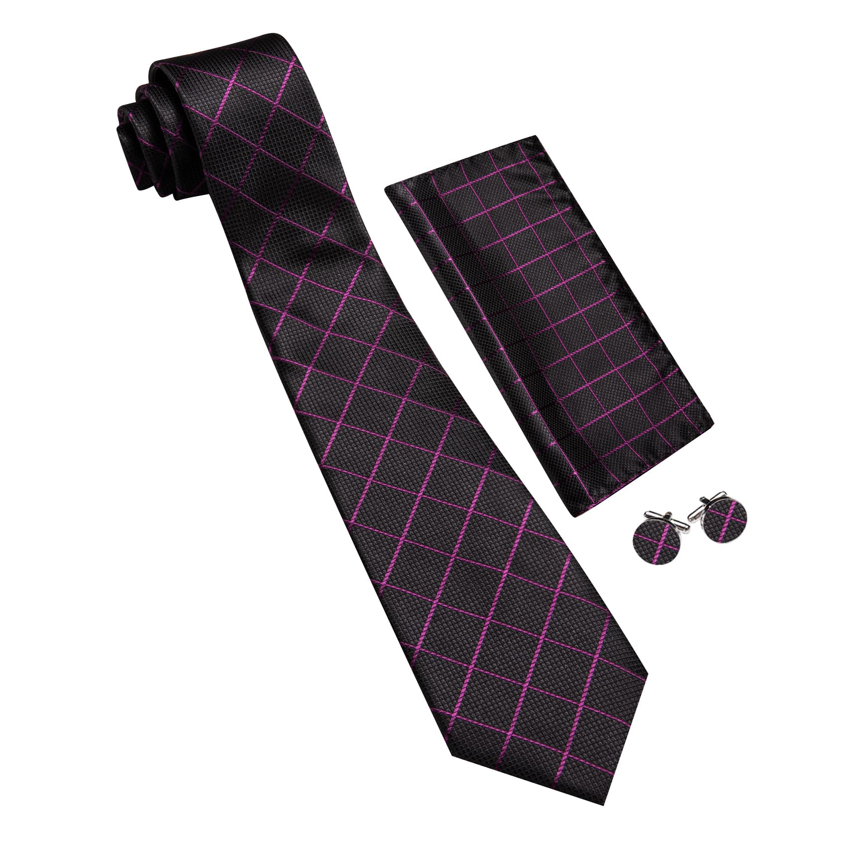  Black Plaid Tie with Purple Stripes Men's Business Set