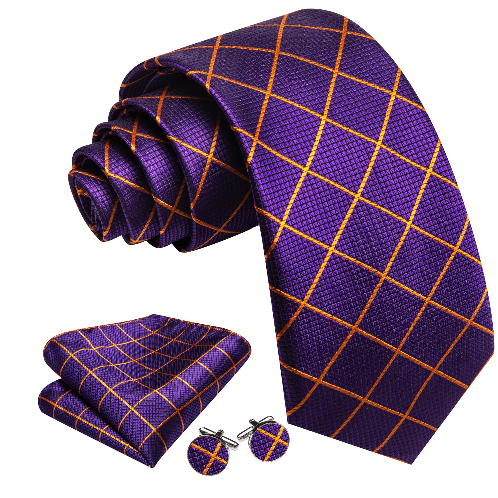  Purple Plaid Tie with Yellow Stripes Men's Business Set