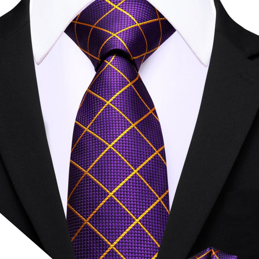  Purple Plaid Tie with Yellow Stripes Men's Business Set