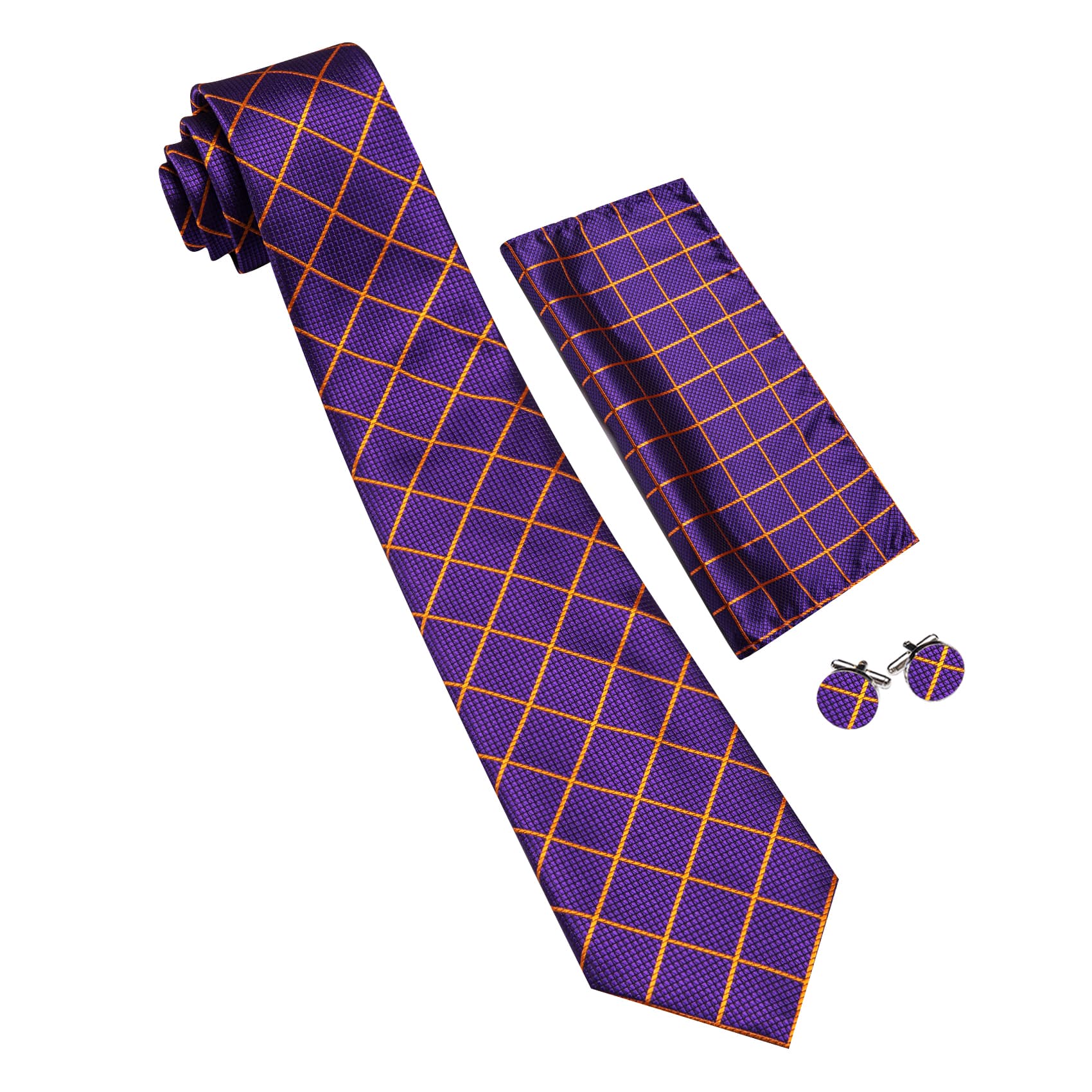  Purple Plaid Tie with Yellow Stripes Men's Business Set