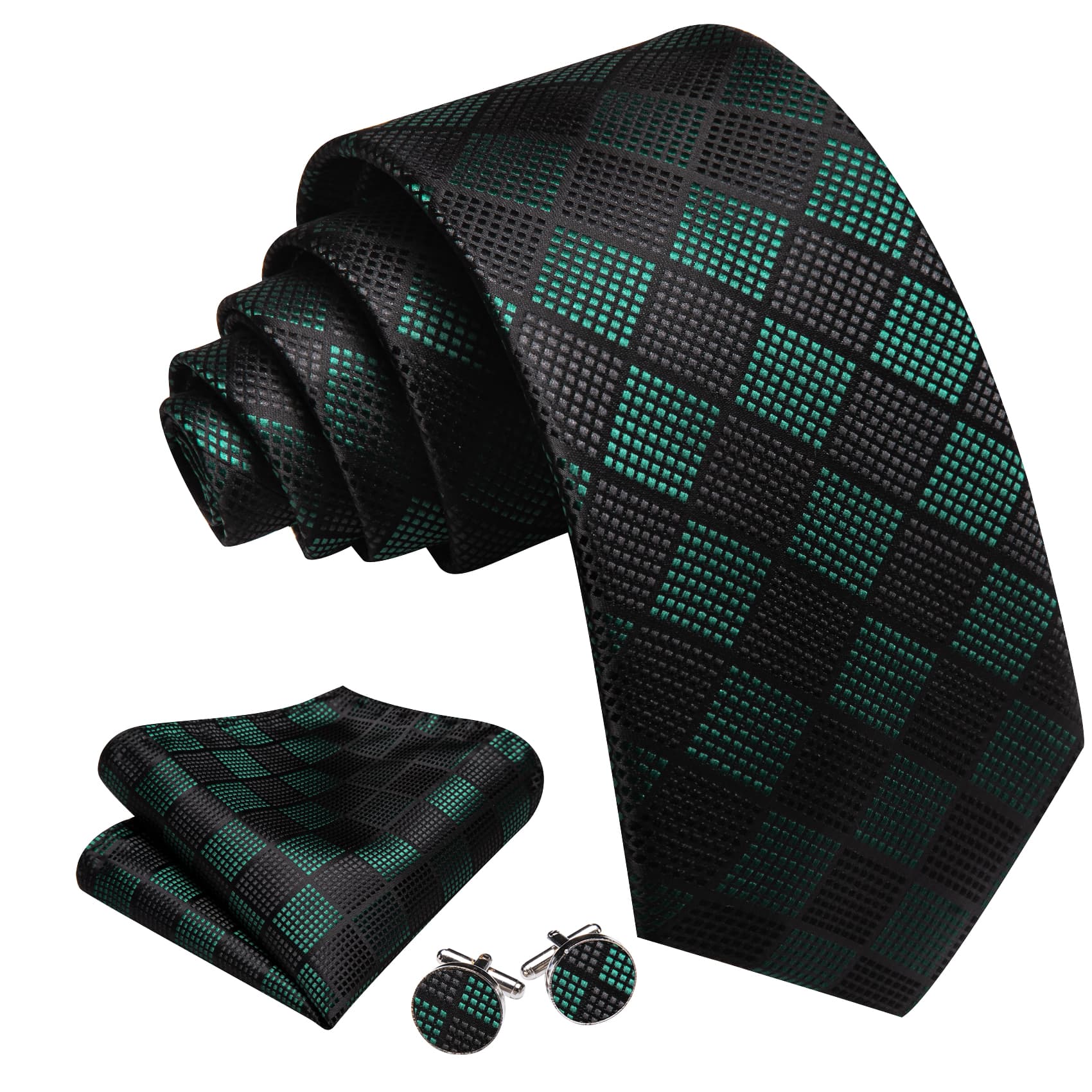  Plaid Tie Black Green Checkered Necktie and Cufflink Set