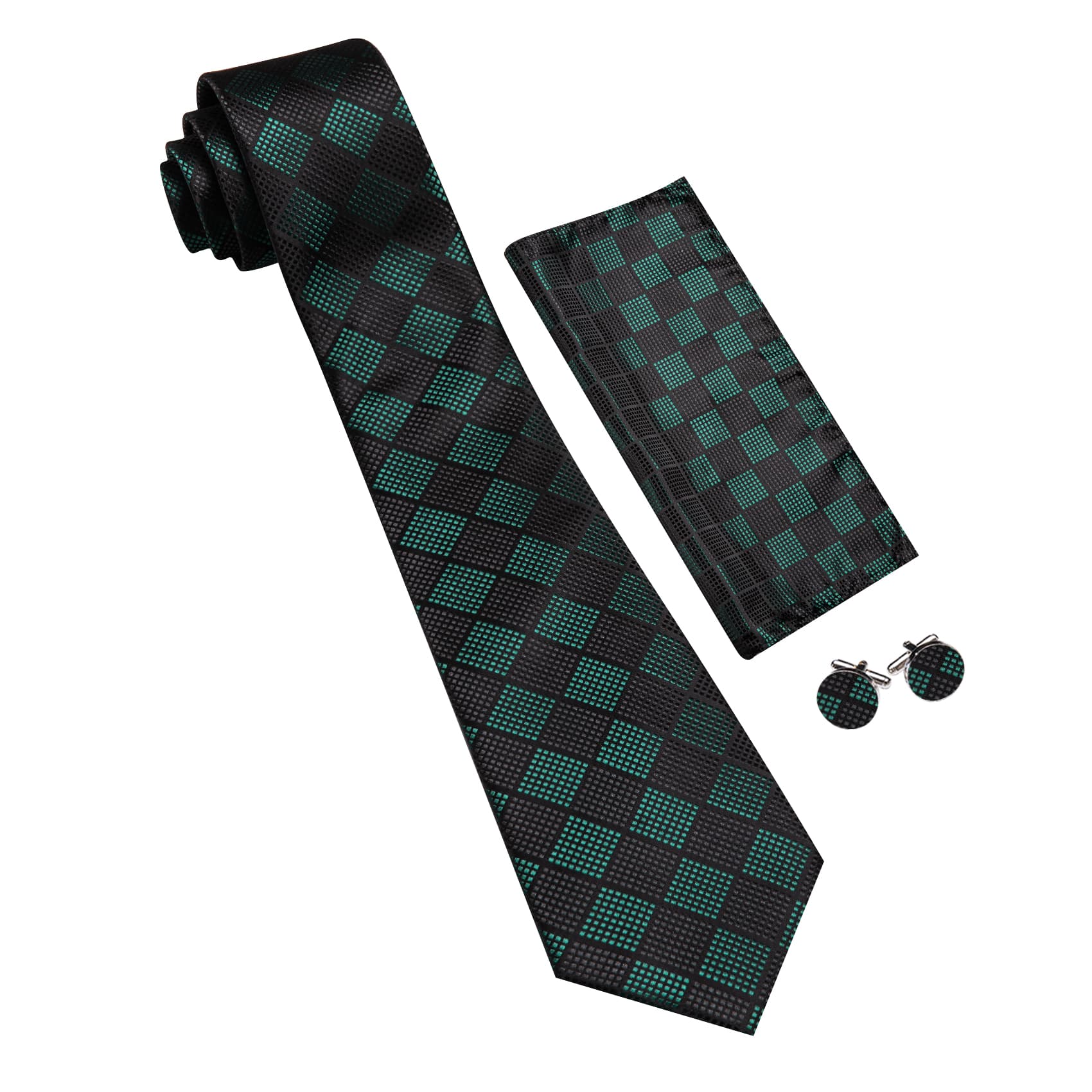  Plaid Tie Black Green Checkered Necktie and Cufflink Set