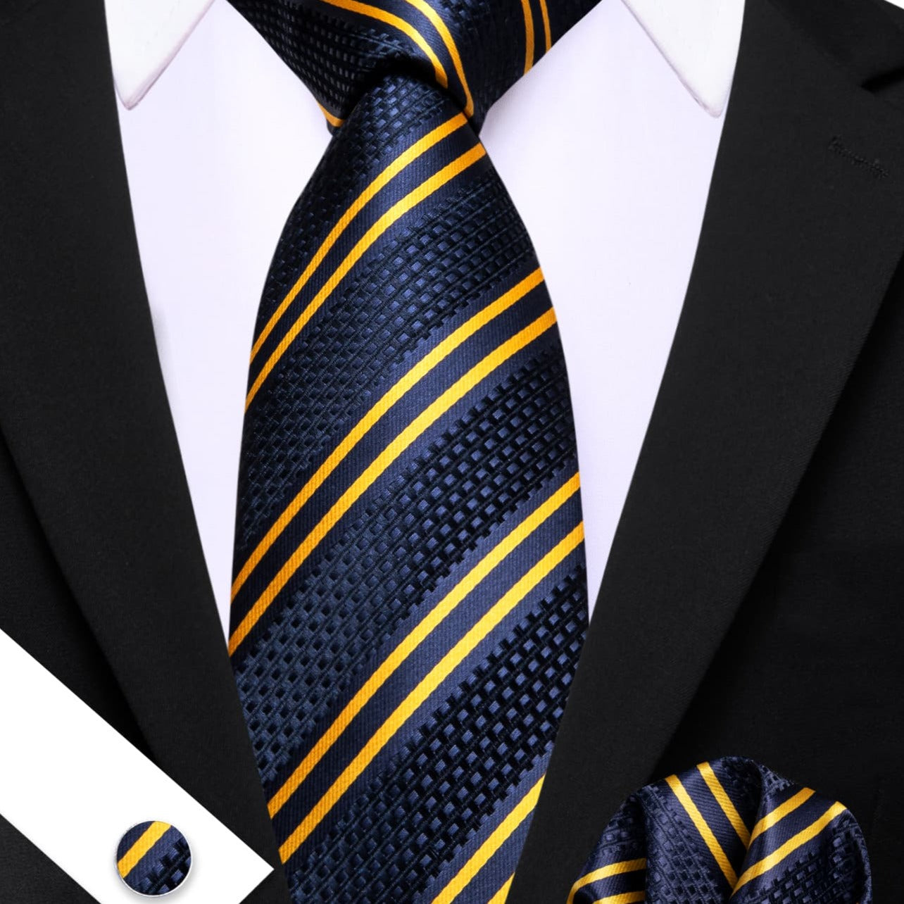  Blue Striped Tie with Yellow Stripes Men's Business Set