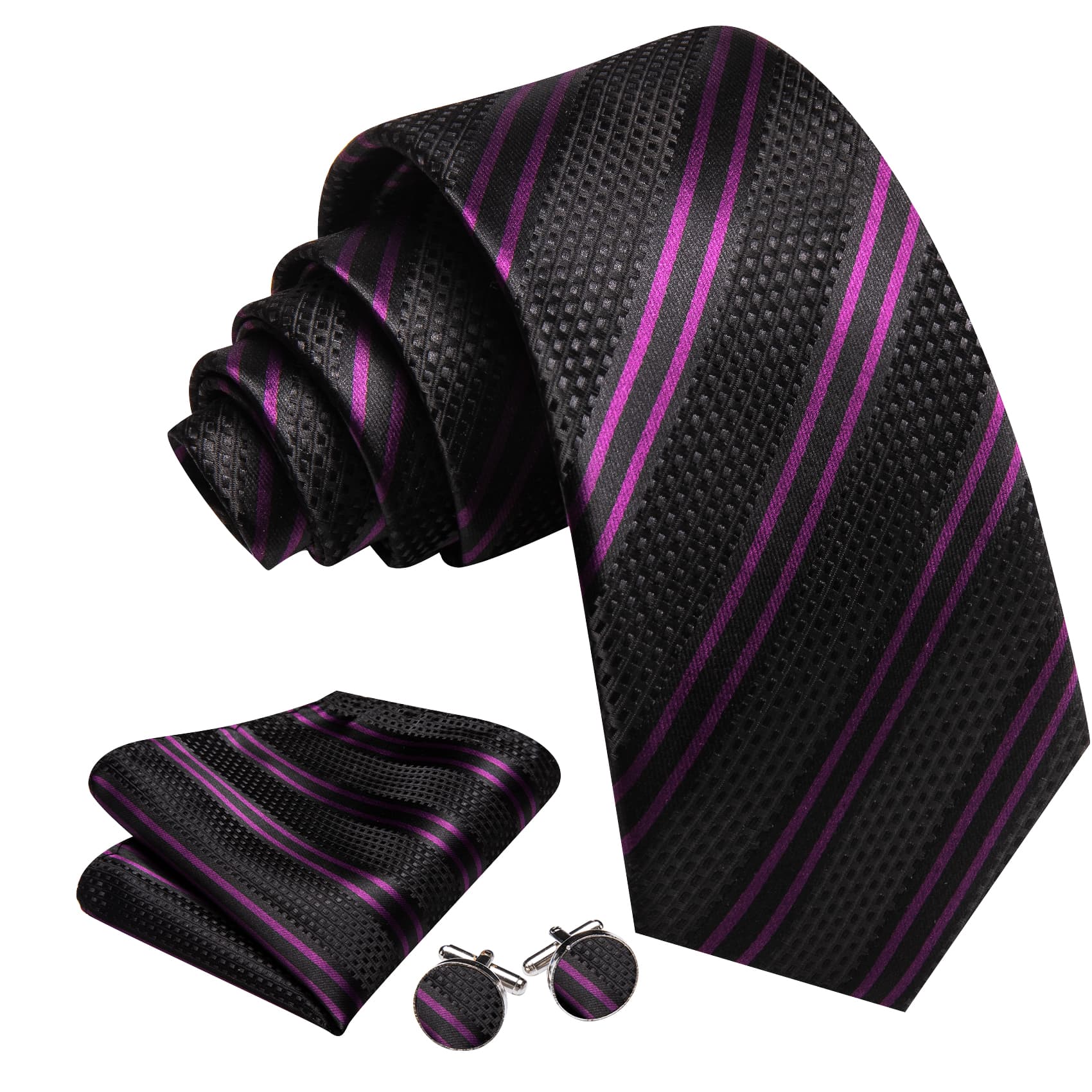 Black Striped Tie with Purple Stripes Men's Business Set