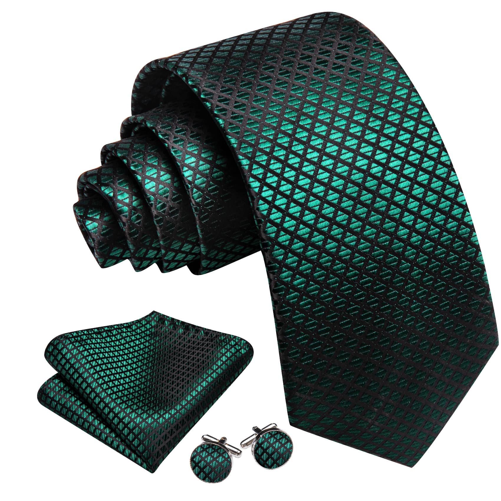  Plaid Tie Green Black Checkered Necktie and Cufflink Set